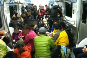 mountain climbers host drinking party on subway
